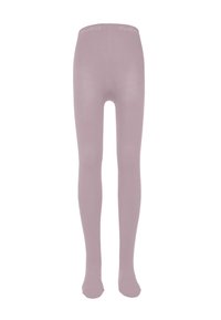Lyse mauve strømpebukser med glatt tekstur, hel-lengde design, og en subtil logo på midjebåndet. Ingen mønstre eller accenter.