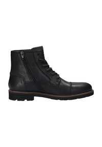 Botte chelsea en cuir noir avec devant à lacets, fermeture éclair sur le côté et petit talon empilé, sur fond blanc.