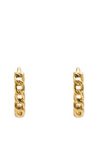 Des boucles d'oreilles en or avec un design en maillons de chaîne épais. La surface est lisse avec une finition polie, mettant en valeur un look audacieux et texturé.