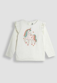 Wit katoen shirt met lange mouwen, featuring een kleurrijk eenhoorn ontwerp met gerimpelde schouderaccenten en subtiele bloemvormige versieringen.