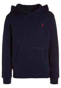 Navy blue hoodie made of cotton blend, features a kangaroo pocket, ribbed cuffs and hem, with a small red embroidered logo on the chest.