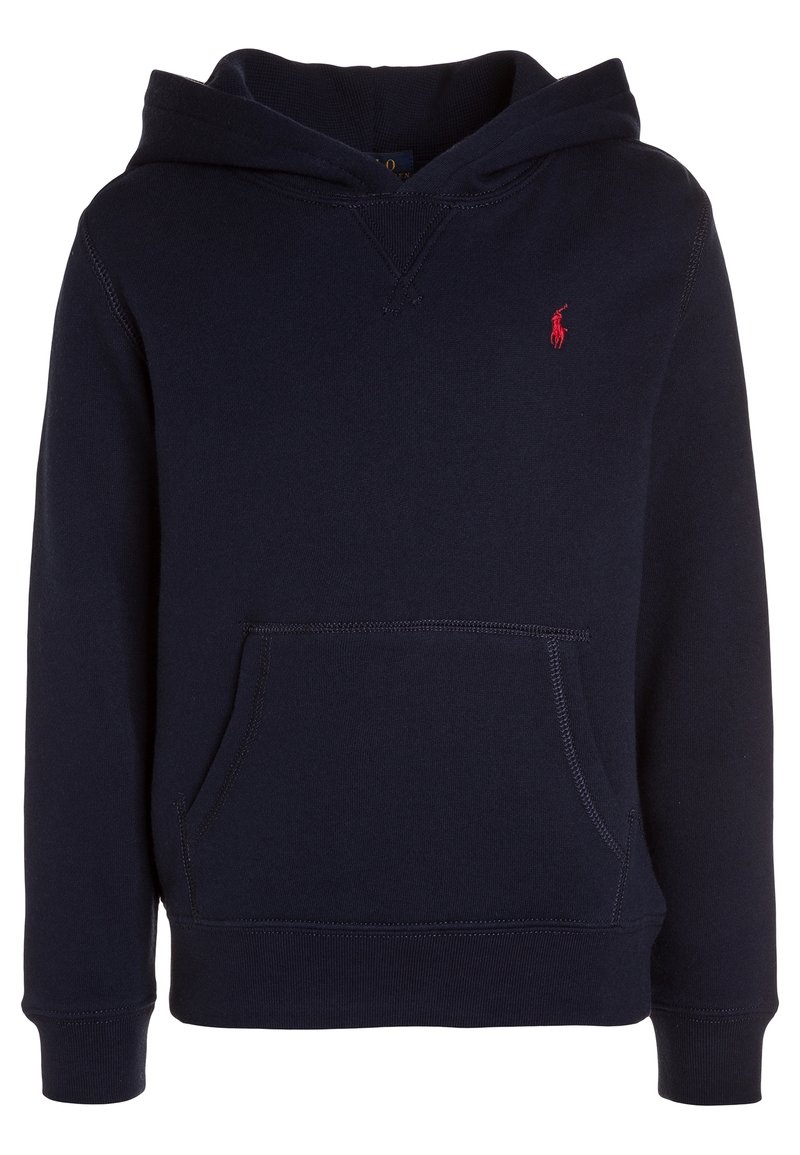 Navy blue hoodie made of cotton blend, features a kangaroo pocket, ribbed cuffs and hem, with a small red embroidered logo on the chest.