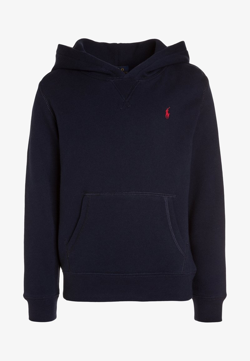 Navy blue hoodie made of cotton blend, features a kangaroo pocket, ribbed cuffs and hem, with a small red embroidered logo on the chest.