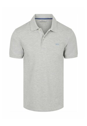 Light gray short-sleeve polo shirt with two buttons, collar, and small blue logo on left chest.
