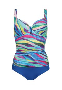 Strój kąpielowy z wielokolorowym wzorem fal w odcieniach niebieskiego, różowego, zielonego i żółtego, z marszczeniem i zapięciem na suwak z przodu.