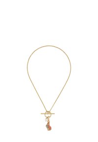 Gold-toned necklace with a delicate chain, featuring a bunny charm holding a book, accented by a small pearl. Toggle clasp design.