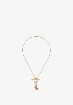Gold-toned necklace with a delicate chain, featuring a bunny charm holding a book, accented by a small pearl. Toggle clasp design.