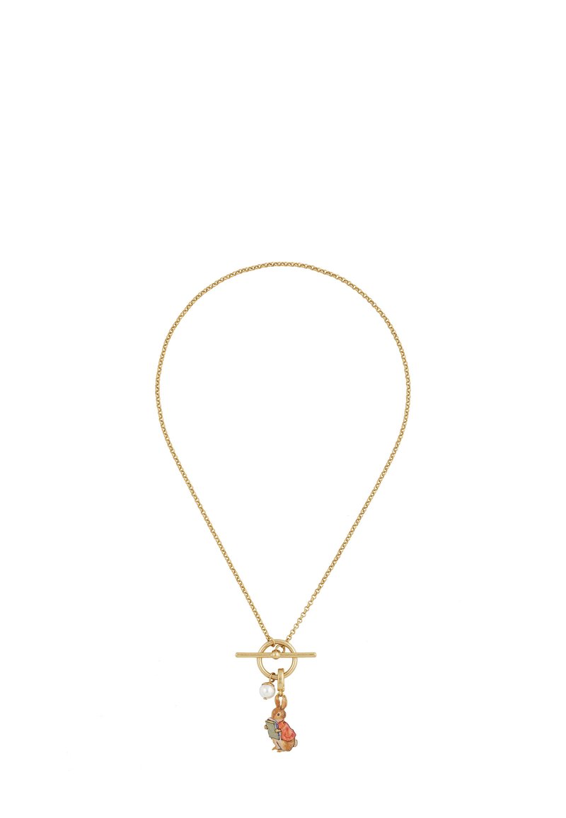 Gold-toned necklace with a delicate chain, featuring a bunny charm holding a book, accented by a small pearl. Toggle clasp design.