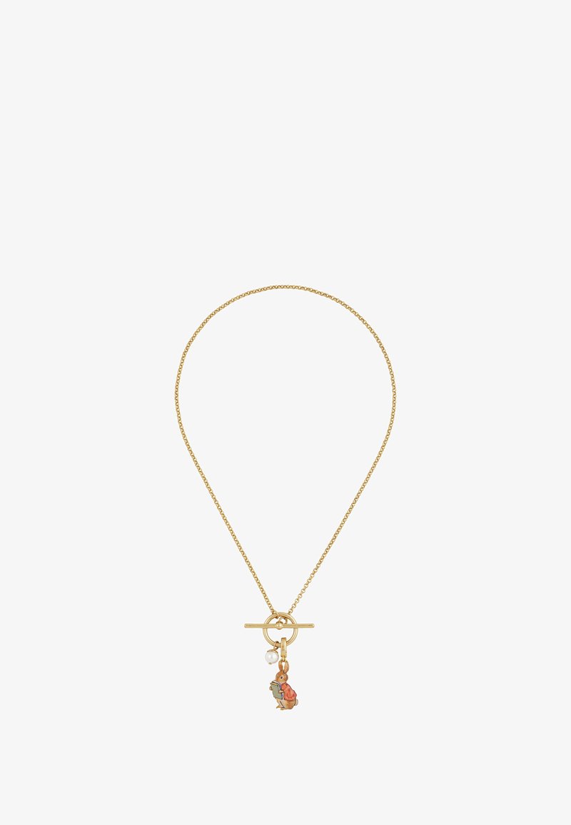 Gold-toned necklace with a delicate chain, featuring a bunny charm holding a book, accented by a small pearl. Toggle clasp design.