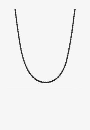 Juodas pintas grandinėlės kaklo papuošalas su glotnia tekstūra ir vienodu storumu, pasižymintis paprastu, minimalistiniu dizainu.