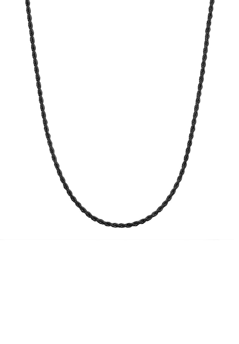 Musta letitetty ketjun kaulakoru, jossa on sileä pinta ja tasainen paksuus, ominaisena yksinkertainen ja minimalistinen muotoilu.