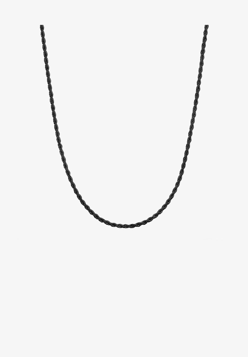 Musta letitetty ketjun kaulakoru, jossa on sileä pinta ja tasainen paksuus, ominaisena yksinkertainen ja minimalistinen muotoilu.