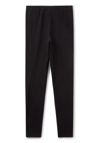 Leggings noires en tissu doux et extensible. Conçus avec une coupe ajustée et une taille élastique pour le confort. Pas de motifs ou d'accents remarquables.