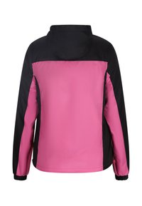 Giacca a vento con busto rosa e spalle nere, dotata di polsini elastici e cappuccio con cordino. Tessuto liscio e design leggero.