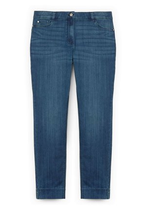 Mørkeblå denimjeans med en slank pasform, design med fem lommer, knaplukning og let falmning for tekstur. Syninger er synlige langs sømmene.