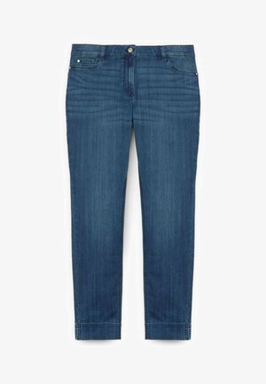 Dunkelblaue Denim-Jeans mit schmaler Passform, fünf Taschen, Knopfverschluss und leichter Verwaschung für Struktur. Die Nähte sind deutlich sichtbar.