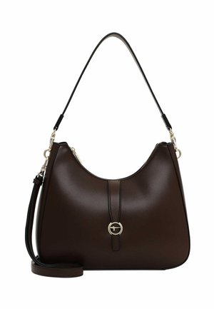Sac hobo en cuir marron avec une texture lisse, une silhouette incurvée, une fermeture zippée en haut, une sangle détachable et un accent en matériel circulaire.