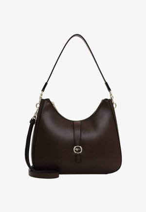 Brun læder hobo taske med en glat tekstur, buet silhuet, top lynlås lukning, aftagelig rem og en cirkulær hardwareaccent.