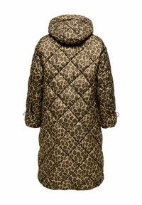 Podložena dolga plašča v rjavem in črnem leopardjem vzorcu. Ima kapuco, oblazinjeno zasnovo in elastične vrvice na manšetah rokavov.