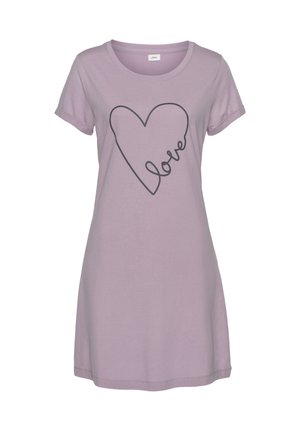 Lavender cotton T-shirt dress with short sleeves, a round neckline, and a heart outline graphic with the word "love" in cursive.