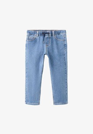 Blugi din denim albastru deschis cu talie elastică și șnur, design cu picioare drepte, două buzunare frontale și detalii cusute.