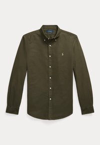 Chemise vert olive à manches longues avec boutons, col et petit logo brodé sur la poitrine gauche.