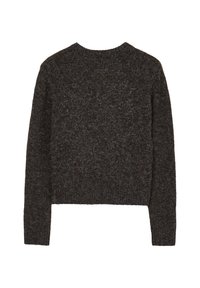 Brauner, gestrickter Pullover mit strukturiertem Finish, mit langen Ärmeln und Rundhalsausschnitt. Die Rückansicht zeigt minimale Designdetails.