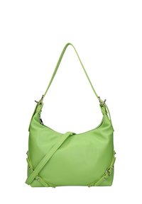 Sac à main en cuir vert au design décontracté, avec une seule bandoulière et des accents en métal sur les côtés. Texture lisse et forme arrondie.