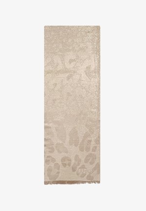 Tessuto beige con trama e un delicato motivo a stampa leopardata. Finitura morbida e scintillante con bordi sfrangiati e un'etichetta sul fondo.