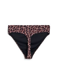 Bas de bikini imprimé léopard avec une base noire, présentant une texture lisse, une couverture modérée et un motif contrastant le long de la taille.