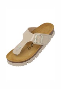 Beige flip-flop sandal med en blank rem, justerbar spænde og cork fodseng. Tekstureret gummisål med en tandet kant for greb.