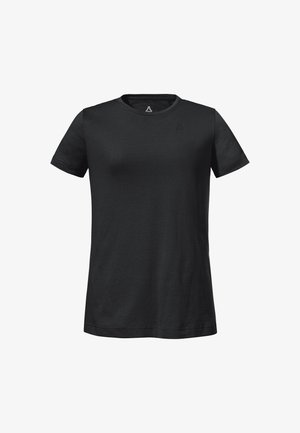 Schwarzes T-Shirt mit kurzen Ärmeln aus glattem Stoff. Verfügt über einen Rundhalsausschnitt und dezente Markenkennzeichnung auf der linken Brustseite. Klassische Passform.