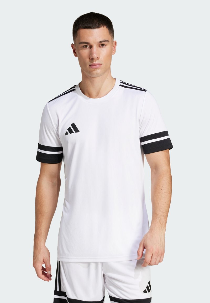 White athletic t-shirt with black accents, featuring three black stripes on shoulders and striped black cuffs. Includes logo on the chest.