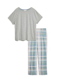 Grijze katoenen t-shirt met een ronde hals, gecombineerd met geruite katoenen pyjamabroek met verticale strepen in blauw, roze en grijs.