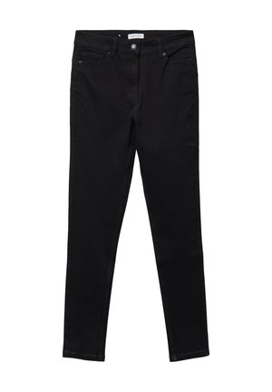 Sorte stramme jeans lavet af denim, med knap- og lynlås lukning, fem-lomme design og en glat tekstur.