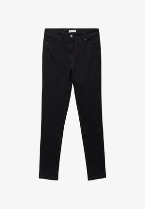 Schwarze Skinny Jeans aus Denim, mit Knopf- und Reißverschluss, Fünf-Taschen-Design und glatter Textur.