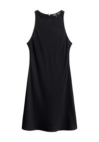 Czarna sukienka bez rękawów z okrągłym dekoltem, gładkiego materiału, w kształcie litery A, z dyskretnym zamkiem błyskawicznym z tyłu. Brak dodatkowych wzorów lub akcentów.