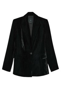 Czarna welurowa marynarka z wykładanym kołnierzem, z pojedynczym zapięciem na guzik, dwoma przednimi kieszeniami i długimi rękawami. Gładka tekstura i dopasowany krój.
