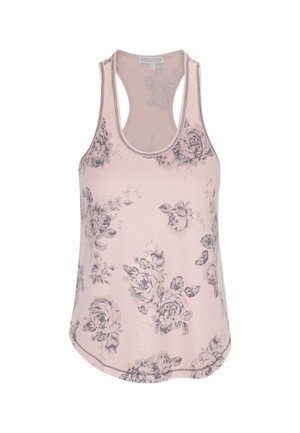 Roze tanktop met een bloemenpatroon in grijs. Beschikt over een ronde halslijn, brede schouderbanden en een iets gebogen zoom.