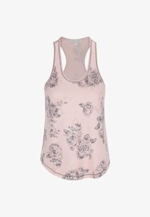 Top de tirantes rosa con un estampado floral en gris. Presenta un escote redondeado, tirantes anchos y un dobladillo ligeramente curvado.