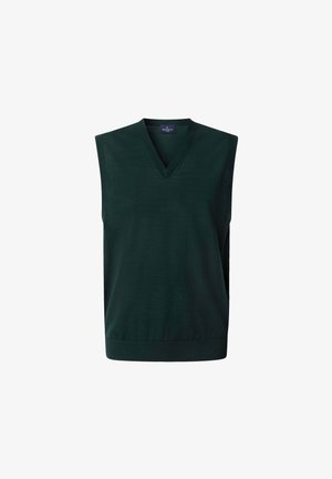 Bezramenný, tmavě zelený vestový svetr s výstřihem do V. Vyroben z hladkého materiálu, s vroubkovaným lemem a otvorami pro ruce pro přiléhavý vzhled.