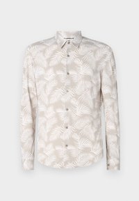 Paita pitkähihaisia nappeja vaaleassa beigevärissä, jossa on valkoinen lehtikuvio. Valmistettu pehmeästä kankaasta, jossa on klassinen kaulus ja napitus.