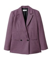 Blazer croisé à motif pied-de-poule violet et noir, avec revers à encoche et deux boutons sur le devant, présenté sur fond blanc.