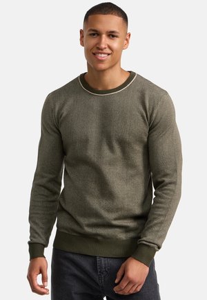 Olive green ribbed knit sweater with a round neckline and contrasting light trim. Fitted design with long sleeves and textured fabric.