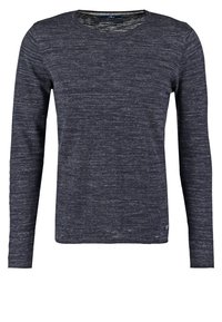 Marinblå långärmad T-shirt med rund halsringning och en texturerad, melerad mönstring. Har en slim fit och en liten logodetalj vid fållen.