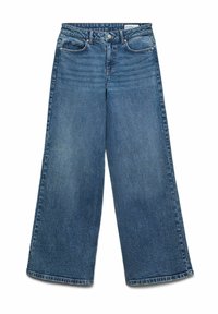 Širine hlače v temno modrem denimu. Imajo visok pas, zasnovo s petimi žepi in subtilno zbledelo teksturo, končane s ravnim robom.