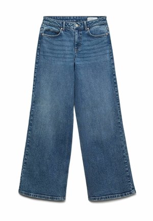 Džínové kalhoty s širokými nohavicemi v tmavě modré denim. Mají vysoký pas, design s pěti kapsami a jemnou vybledlou texturu, zakončené rovnými lemy.
