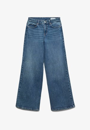 Jeans a gamba larga in denim blu scuro. Presentano una vita alta, un design a cinque tasche e una leggera texture sbiadita, rifiniti con orlo dritto.