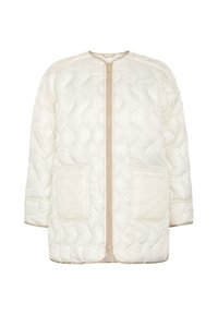 Lehká, krémová prošívaná bunda se zapínáním na zip, kulatým výstřihem a dvěma předními kapsami. Vyznačuje se hladkým, polstrovaným texturem a ozdobným švem.