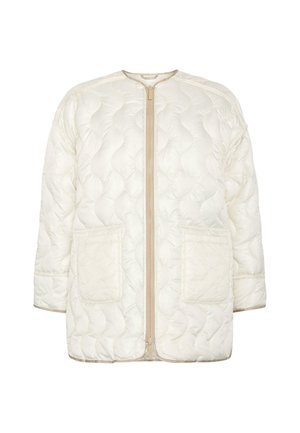 Lichtgewicht, crèmekleurige gewatteerde jas met een ritssluiting aan de voorkant, ronde halslijn en twee voorkeurszakken. Bevat een gladde, gewatteerde textuur en accentstiksels.